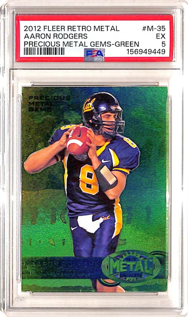 PSA 5 Aaron Rodgers 2012 Fleer Retro Green Insert Card M-35: PSA 5 Aaron Rodgers 2012 Fleer Retro Green Insert Card M-35 This is a 2012 Fleer Retro Precious Metal Gems Green sports trading card featuring Aaron Rodgers of the California Golden Bears. The card is