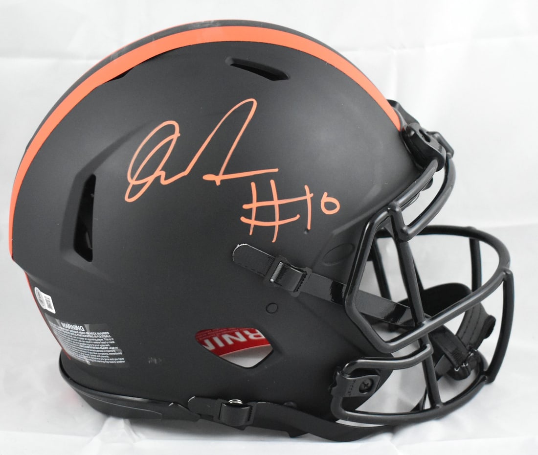 Cleveland Browns full size Eclipse Speed helmet signed by Quinshon Judkins Beckett holo: Cleveland Browns full size Eclipse Speed helmet signed by Quinshon Judkins Beckett holo This is a Cleveland Browns full-size Eclipse Speed authentic helmet, signed by Quinshon Judkins. The helmet is a