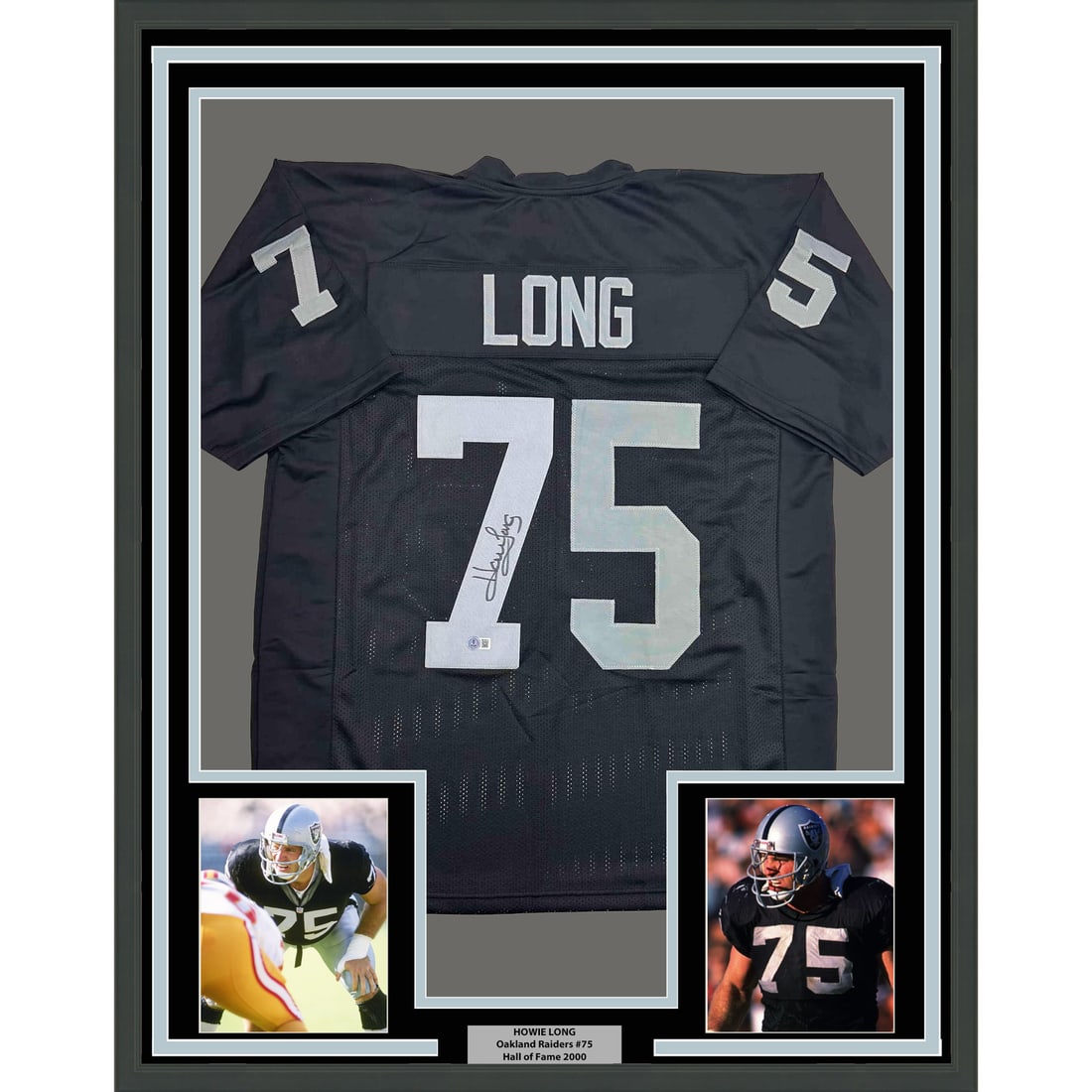 Howie Long signed Oakland Raiders white jersey framed 35x39 with 2 photos: Howie Long signed Oakland Raiders white jersey framed 35x39 with 2 photos This is a professionally framed and matted Oakland Raiders white jersey signed by Howie Long. The display includes two 5x7 pho