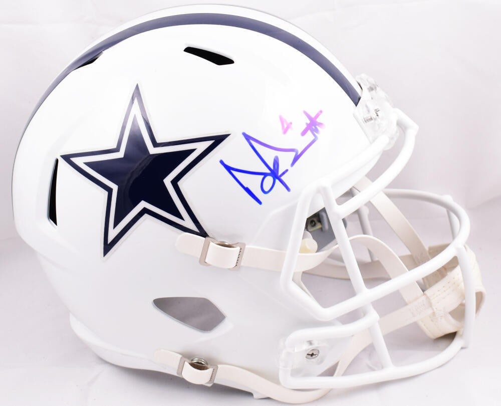 Dallas Cowboys Dak Prescott autographed Speed helmet Beckett hologram: Dallas Cowboys Dak Prescott autographed Speed helmet Beckett hologram This is a pre-owned Dallas Cowboys full-size alternate 2022 Speed helmet, personally signed by Dak Prescott. The autograph is auth