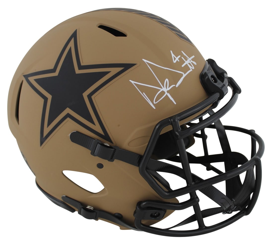 Dak Prescott Signed Dallas Cowboys Salute To Service II Helmet BAS Authenticated: Dak Prescott Signed Dallas Cowboys Salute To Service II Helmet BAS Authenticated This authentic full-size Speed Proline helmet features the signature of Dak Prescott, quarterback for the Dallas Cowboy
