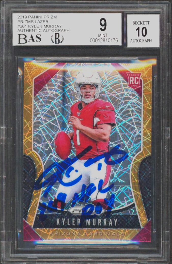 Kyler Murray 2019 NFL ROY Signed 2019 Panini Prizm Gold Lazer #301 RC BAS Slab: Kyler Murray 2019 NFL ROY Signed 2019 Panini Prizm Gold Lazer #301 RC BAS Slab Celebrate Kyler Murray's outstanding achievement with this 2019 Panini Prizm Gold Lazer #301 Rookie Card, personally sign
