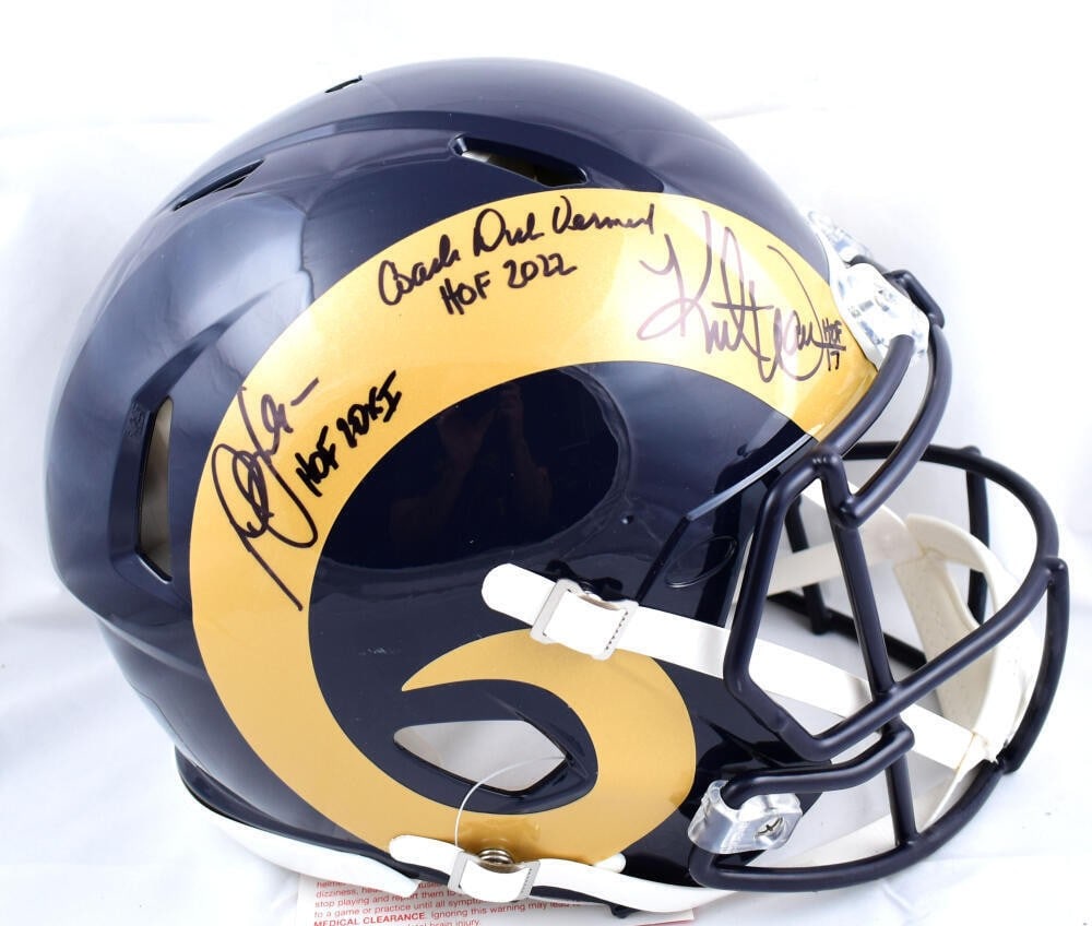 St Louis Rams Speed Helmet Signed by Faulk Warner Vermeil BAS Holo: St Louis Rams Speed Helmet Signed by Faulk Warner Vermeil BAS Holo This full-size St. Louis Rams Speed Authentic helmet is signed by Marshall Faulk, Kurt Warner, and Dick Vermeil. The autographs are a