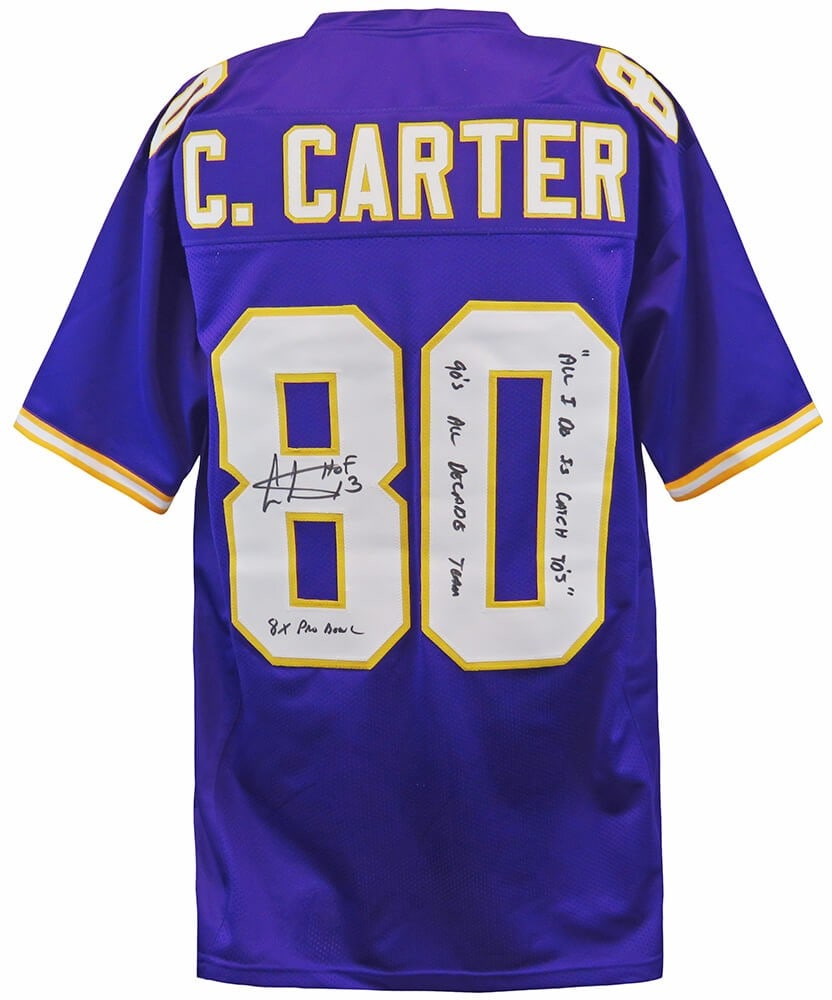 Cris Carter Signed Purple Jersey HOF 13 Catch TDs Vikings COA: Cris Carter Signed Purple Jersey HOF 13 Catch TDs Vikings COA Cris Carter Signed Purple Jersey HOF 13 Catch TDs Vikings COA Celebrate the legacy of Cris Carter with this signed purple custom football 