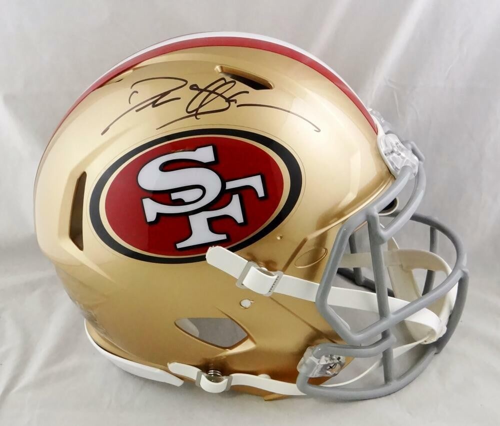 Deion Sanders autographed San Francisco 49ers speed helmet Beckett authenticated black: Deion Sanders autographed San Francisco 49ers speed helmet Beckett authenticated black This is a San Francisco 49ers full-size Speed Authentic helmet signed by Deion Sanders. The autograph has been au
