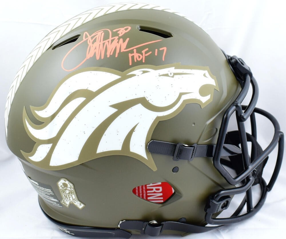Denver Broncos full size salute to service helmet signed by Terrell Davis BAS: Denver Broncos full size salute to service helmet signed by Terrell Davis BAS This Denver Broncos full-size Salute to Service authentic helmet is signed by Terrell Davis and features a Hall of Fame in