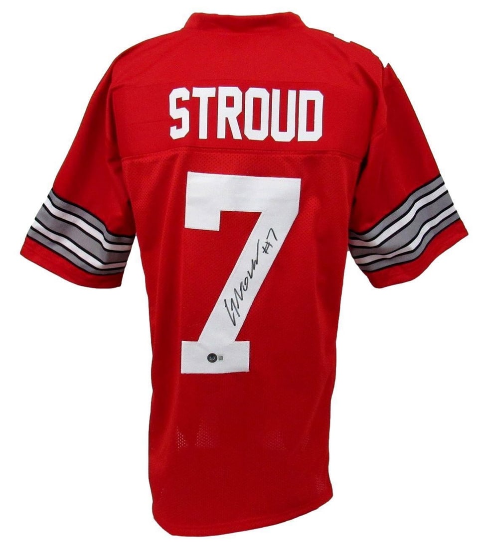 Ohio State Red Custom Football Jersey Hand Signed by CJ Stroud Beckett Authenticated: Ohio State Red Custom Football Jersey Hand Signed by CJ Stroud Beckett Authenticated This is a CJ Stroud signed/autographed Ohio State Red Custom Football Jersey in size XL. The jersey is authenticate