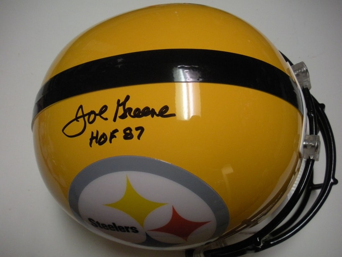 Joe Greene Autographed Pittsburgh Steelers Full-Size Replica Helmet With JSA COA: Joe Greene Autographed Pittsburgh Steelers Full-Size Replica Helmet With JSA COA This is a full-size replica Pittsburgh Steelers helmet signed by Joe Greene, a member of the Pro Football Hall of Fame 
