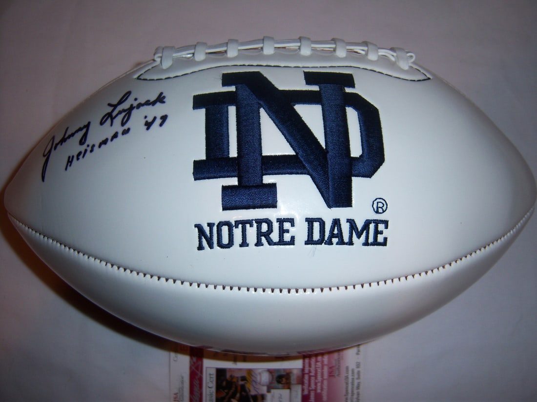 Autographed Football by Johnny Lujack Notre Dame JSA COA Certified: Autographed Football by Johnny Lujack Notre Dame JSA COA Certified This pre-owned football is signed by Johnny Lujack and comes with JSA/COA authentication. It is an original item associated with Notr