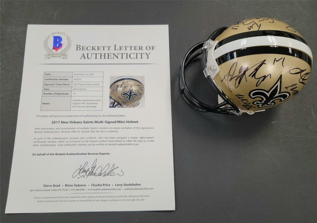 New Orleans Saints Mini Helmet Signed by Team with Drew Brees BAS Authenticated: New Orleans Saints Mini Helmet Signed by Team with Drew Brees BAS Authenticated This mini helmet is signed by members of the 2017 New Orleans Saints team, including Drew Brees and Hill. The autographs
