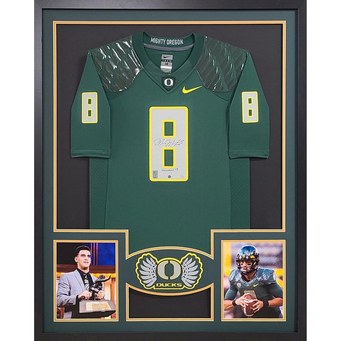Marcus Mariota Signed Framed Jersey Oregon Heisman Steiner Authenticated: Marcus Mariota Signed Framed Jersey Oregon Heisman Steiner Authenticated This autographed jersey of Marcus Mariota, a Heisman Trophy winner, is beautifully framed and authenticated by Steiner, a leade