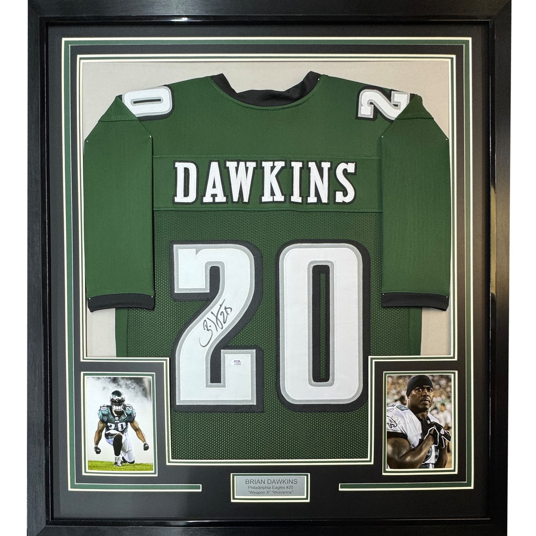 Framed Signed Brian Dawkins Philadelphia Eagles Jersey with JSA COA: Framed Signed Brian Dawkins Philadelphia Eagles Jersey with JSA COA This professionally framed and matted piece features an authentic autographed Brian Dawkins Philadelphia Eagles green jersey, measur