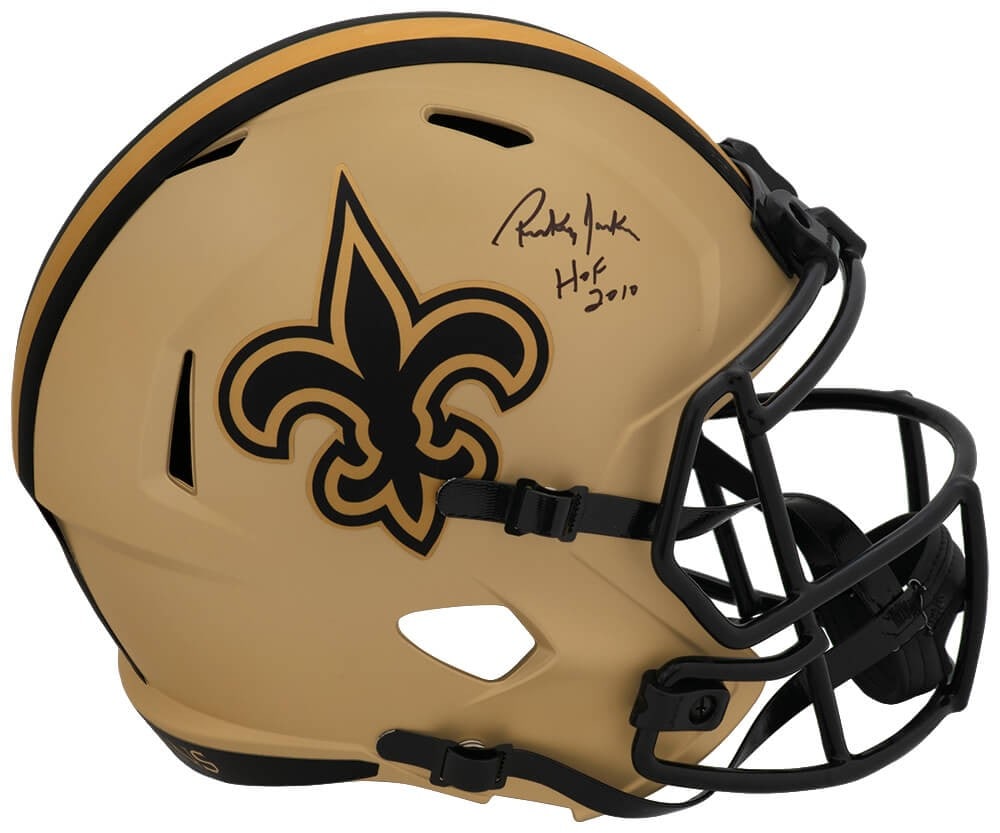 Signed New Orleans Saints Riddell RAVE replica helmet HOF 2010 inscription: Signed New Orleans Saints Riddell RAVE replica helmet HOF 2010 inscription This is a pre-owned New Orleans Saints RAVE Riddell full size speed replica helmet, personally signed by Rickey Jackson. The 