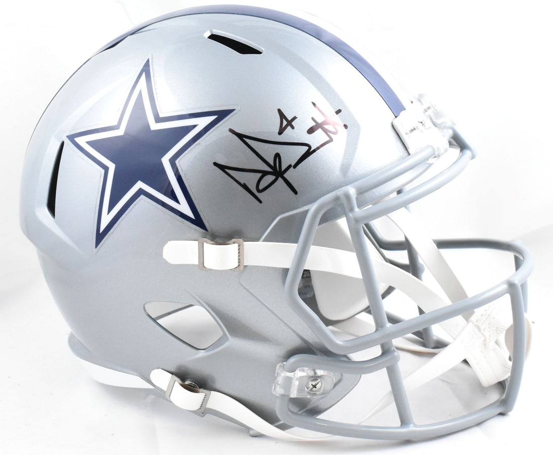 Dallas Cowboys Dak Prescott signed full size speed helmet Beckett hologram: Dallas Cowboys Dak Prescott signed full size speed helmet Beckett hologram This Dallas Cowboys full-size Speed helmet features the authentic signature of Dak Prescott. The helmet is an original item, 