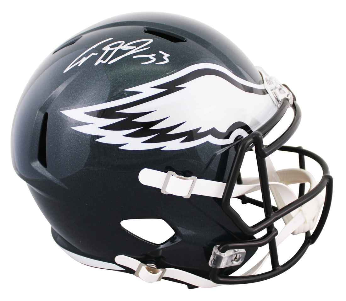 Cooper DeJean Signed Philadelphia Eagles Full Size Replica Helmet Autographed by FAN: Cooper DeJean Signed Philadelphia Eagles Full Size Replica Helmet Autographed by FAN This authentic full-size Speed Rep helmet is personally signed by Cooper DeJean, a player of the Philadelphia Eagle