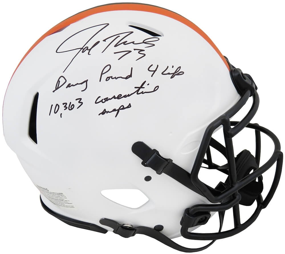 Joe Thomas autographed Cleveland Browns Riddell Speed helmet with inscriptions: Joe Thomas autographed Cleveland Browns Riddell Speed helmet with inscriptions This is a Cleveland Browns Lunar Eclipse Riddell authentic proline speed full-size helmet, hand-signed by Joe Thomas. The