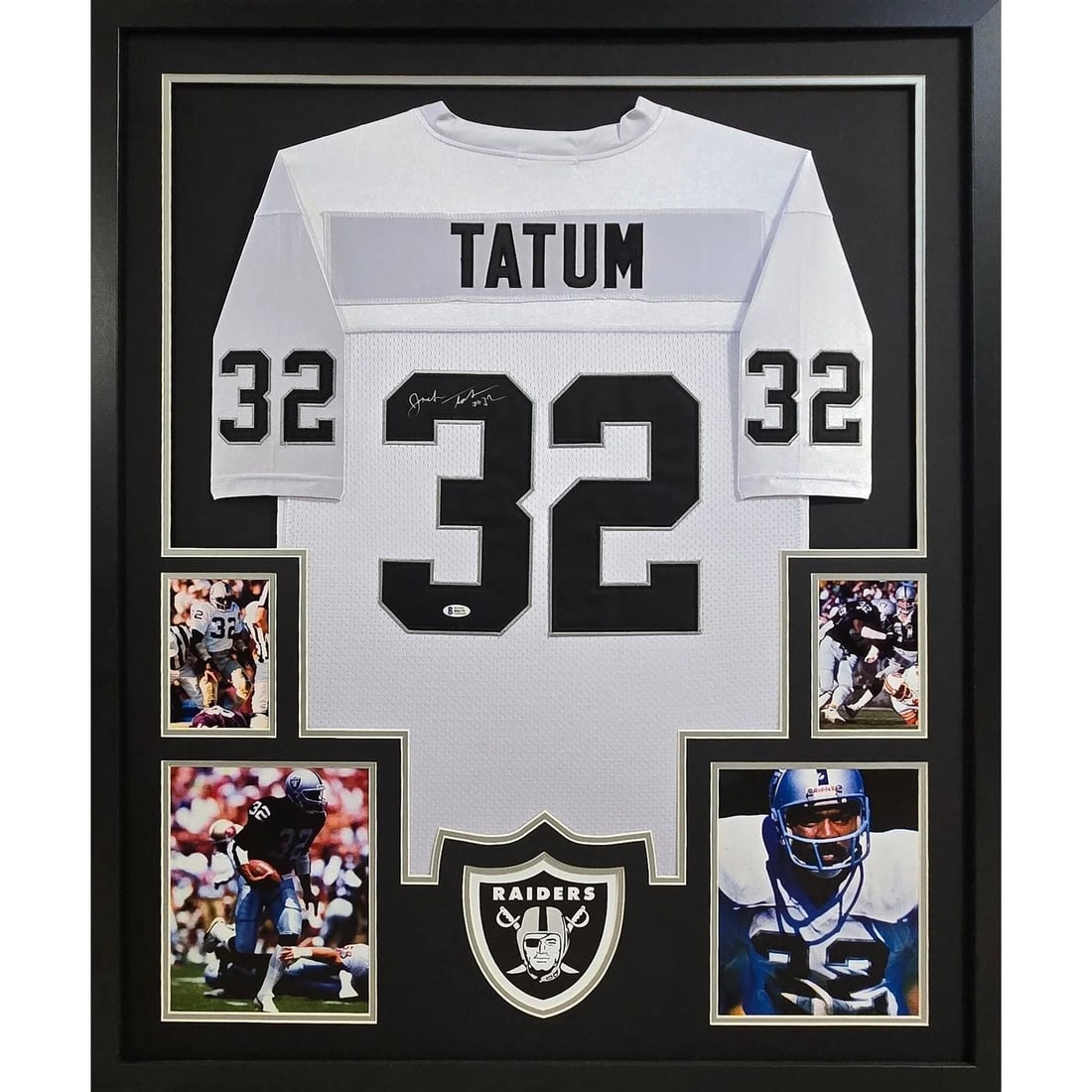 Framed Jack Tatum Autographed Raiders Jersey Beckett Authenticated: Framed Jack Tatum Autographed Raiders Jersey Beckett Authenticated This is a framed, autographed white jersey signed by Jack Tatum of the Oakland Raiders. The jersey is presented in a professional fra