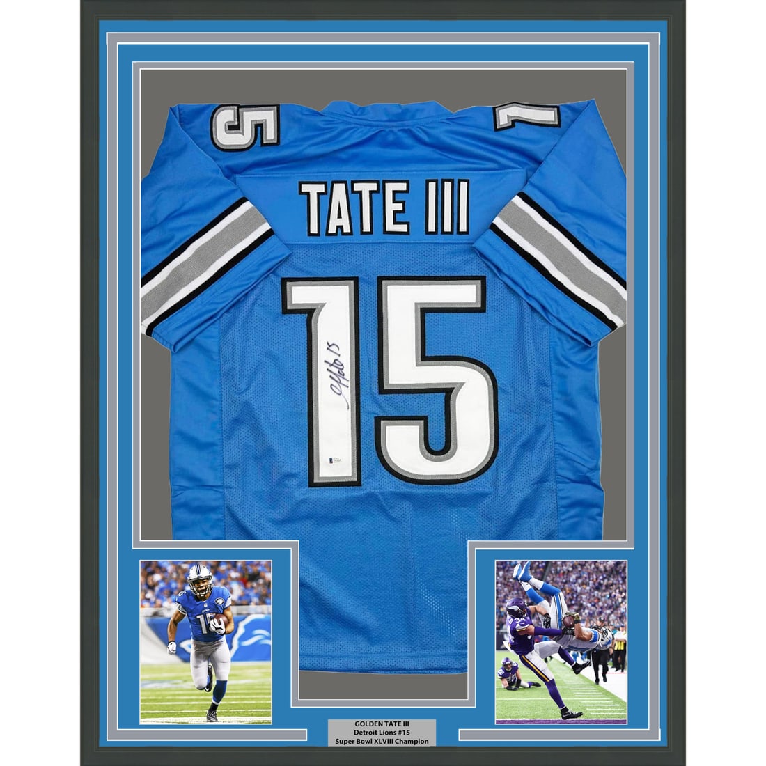 Golden Tate signed Detroit Lions framed jersey Beckett BAS COA 35x39: Golden Tate signed Detroit Lions framed jersey Beckett BAS COA 35x39 This professionally framed and matted Detroit Lions blue jersey features the authentic signature of Golden Tate. The display includ