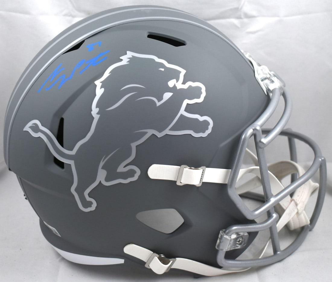 Autographed Sam LaPorta Lions Slate Speed Helmet Beckett W Holo: Autographed Sam LaPorta Lions Slate Speed Helmet Beckett W Holo This full-size Slate Speed helmet features the autograph of Sam LaPorta and represents the Detroit Lions. The helmet is an original item