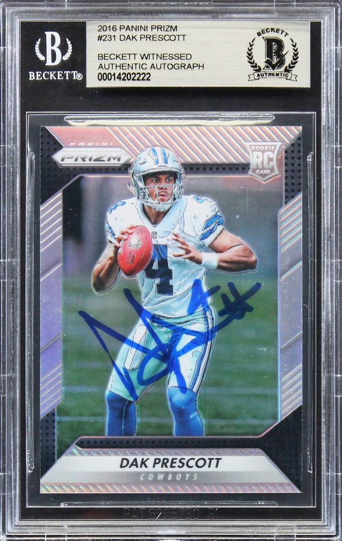 Dak Prescott 2016 Panini Prizm Rookie Card Beckett Slabbed: Dak Prescott 2016 Panini Prizm Rookie Card Beckett Slabbed This 2016 Panini Prizm #231 rookie card features an authentic signature from Dak Prescott of the Dallas Cowboys. The card has been slabbed an