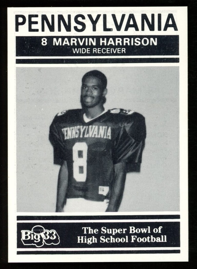 1991 Big 33 Football Classic Marvin Harrison #PA6 Original NFL Card: 1991 Big 33 Football Classic Marvin Harrison #PA6 Original NFL Card Offered is an original 1991 Big 33 Football Classic card featuring Marvin Harrison, #PA6 from Pennsylvania. This collectible card is