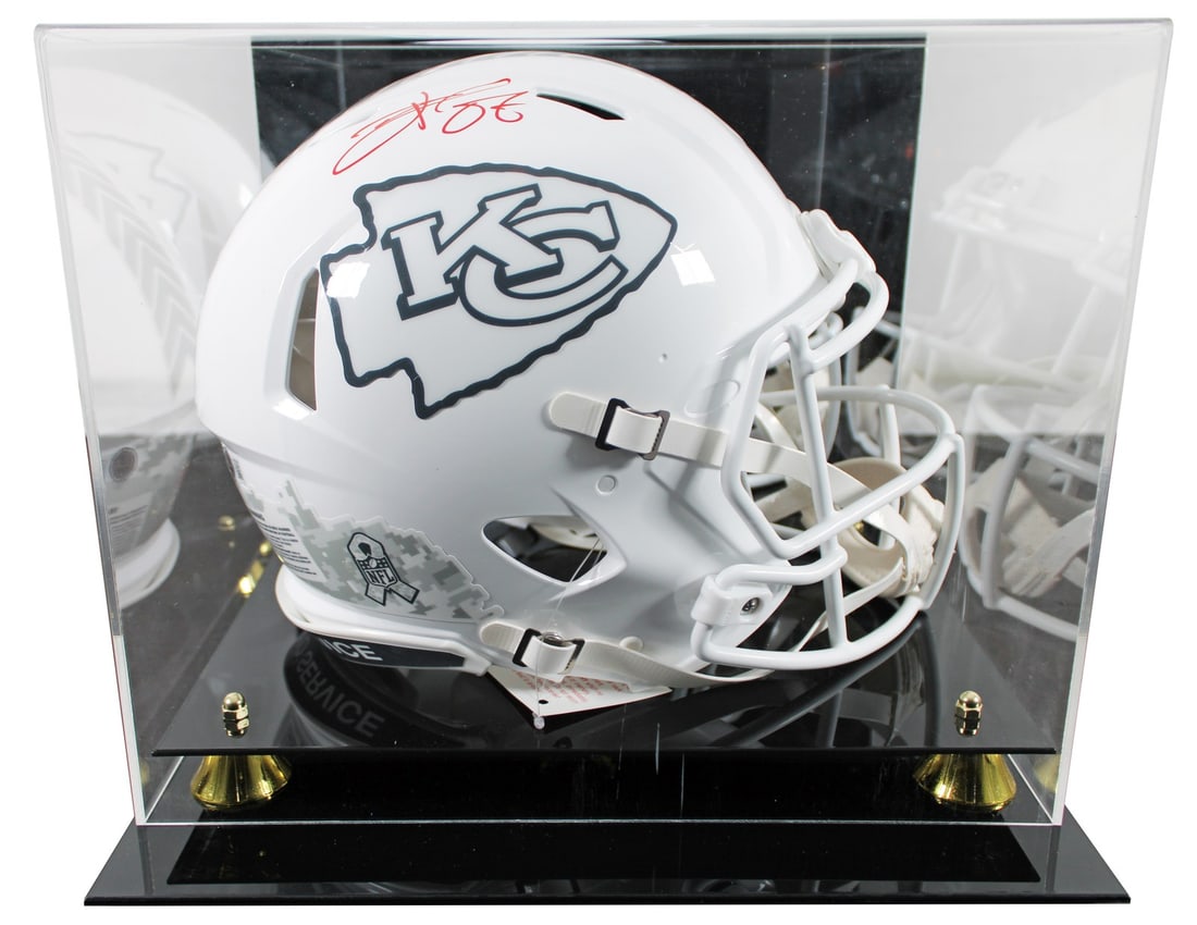 Travis Kelce Signed Kansas City Chiefs Helmet with UV Display Case BAS: Travis Kelce Signed Kansas City Chiefs Helmet with UV Display Case BAS This impressive full-size Proline helmet has been personally signed by Travis Kelce of the Kansas City Chiefs. It features an alt