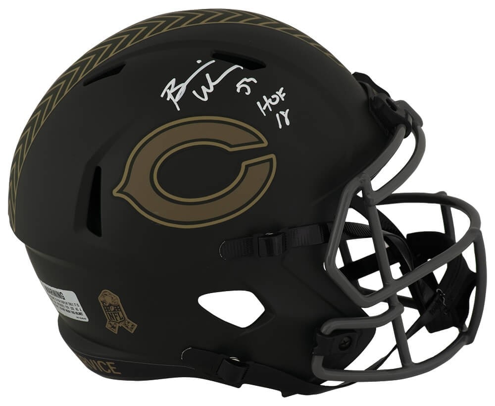 Chicago Bears 2025 Salute Full Size Replica Helmet Signed by Brian Urlacher HOF 18: Chicago Bears 2025 Salute Full Size Replica Helmet Signed by Brian Urlacher HOF 18 This is a Chicago Bears Salute 2025 Riddell full size speed replica helmet, signed by Brian Urlacher with a 'HOF 18' 