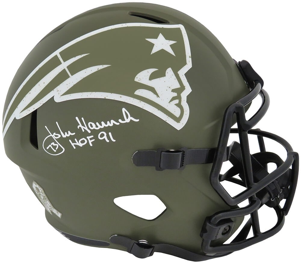 John Hannah Signed Patriots Riddell Helmet HOF 91 COA: John Hannah Signed Patriots Riddell Helmet HOF 91 COA This is a signed New England Patriots Salute to Service Riddell full-size speed replica helmet by football legend John Hannah. The helmet features