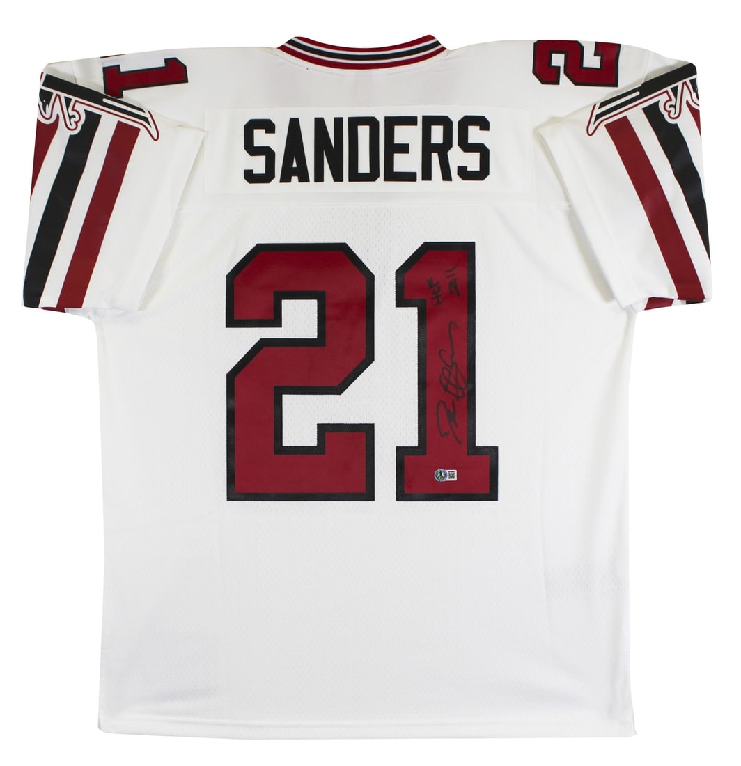 Deion Sanders Signed Atlanta Falcons HOF 2011 Jersey BAS Authenticated: Deion Sanders Signed Atlanta Falcons HOF 2011 Jersey BAS Authenticated Celebrate the legacy of Deion Sanders with this authentic Atlanta Falcons jersey. This white Mitchell & Ness jersey features the 