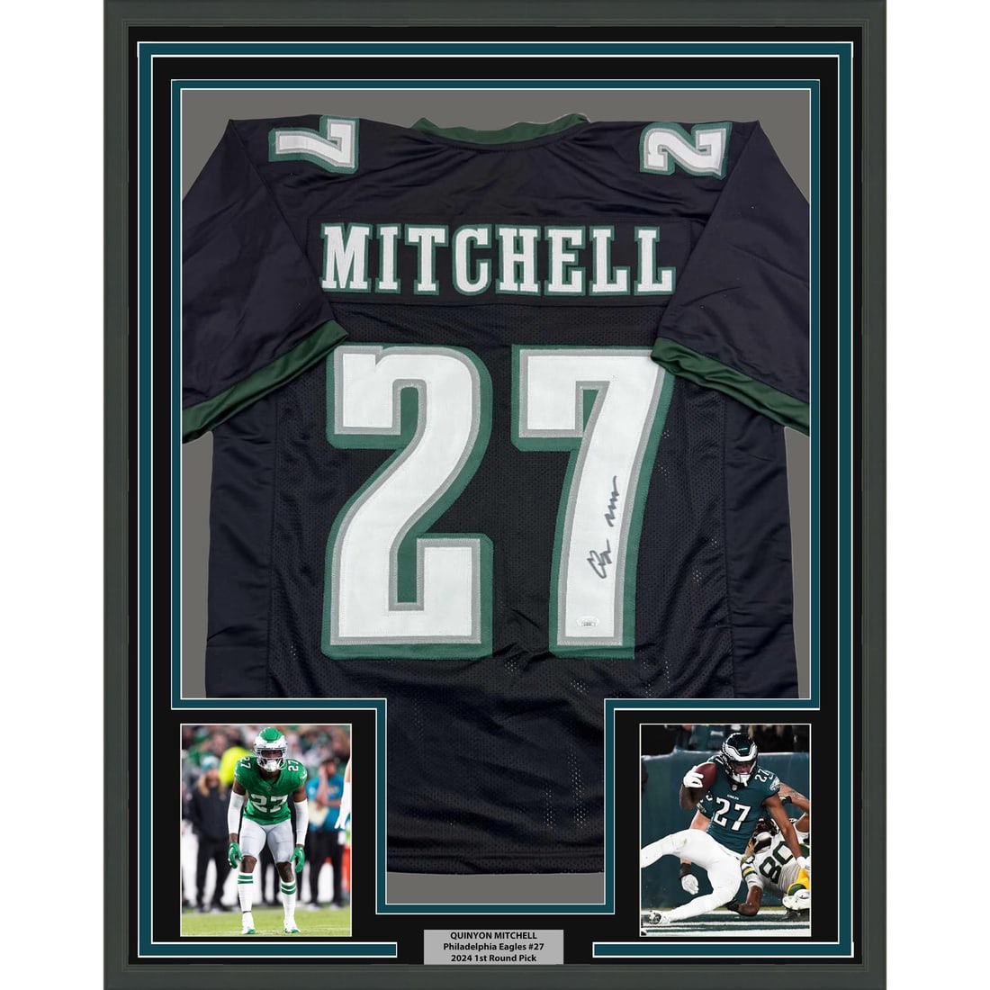 Framed Quinyon Mitchell Autographed Black Jersey JSA COA NFL: Framed Quinyon Mitchell Autographed Black Jersey JSA COA NFL This professionally framed and matted piece features a black football jersey autographed by Quinyon Mitchell, an NFL player for the Philade