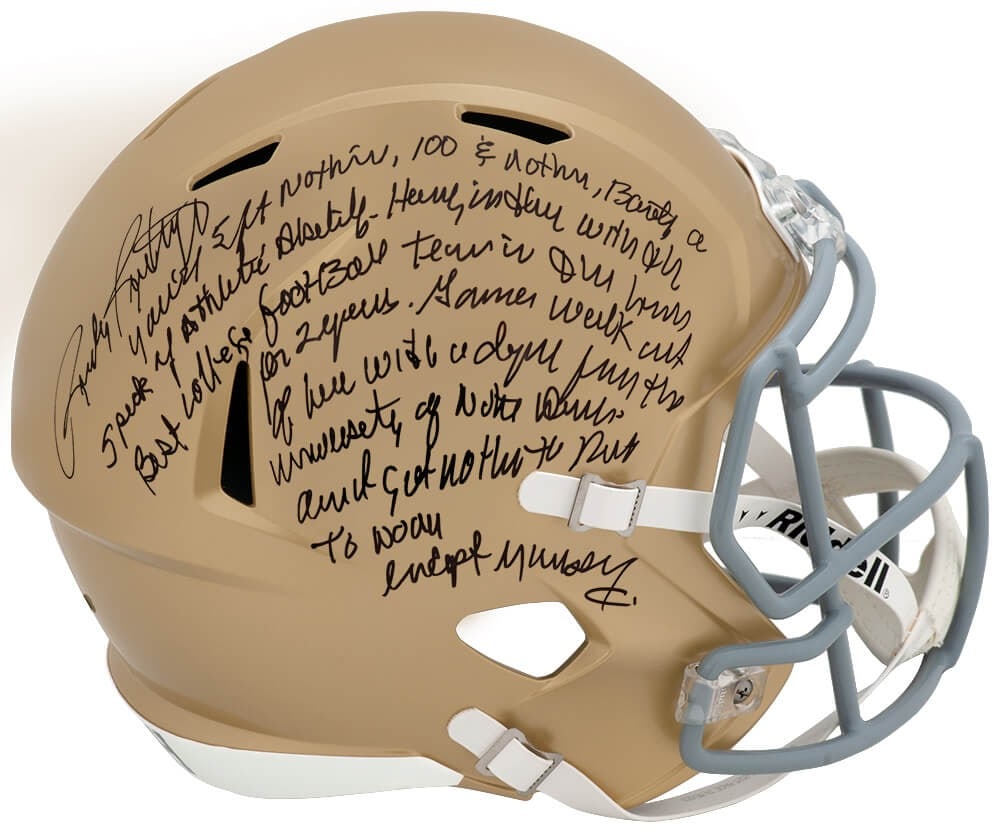 Rudy Ruettiger Notre Dame Riddell full size replica helmet signed with quote: Rudy Ruettiger Notre Dame Riddell full size replica helmet signed with quote This is a Rudy Ruettiger autographed Notre Dame Fighting Irish Riddell full-size speed replica helmet. The helmet features 