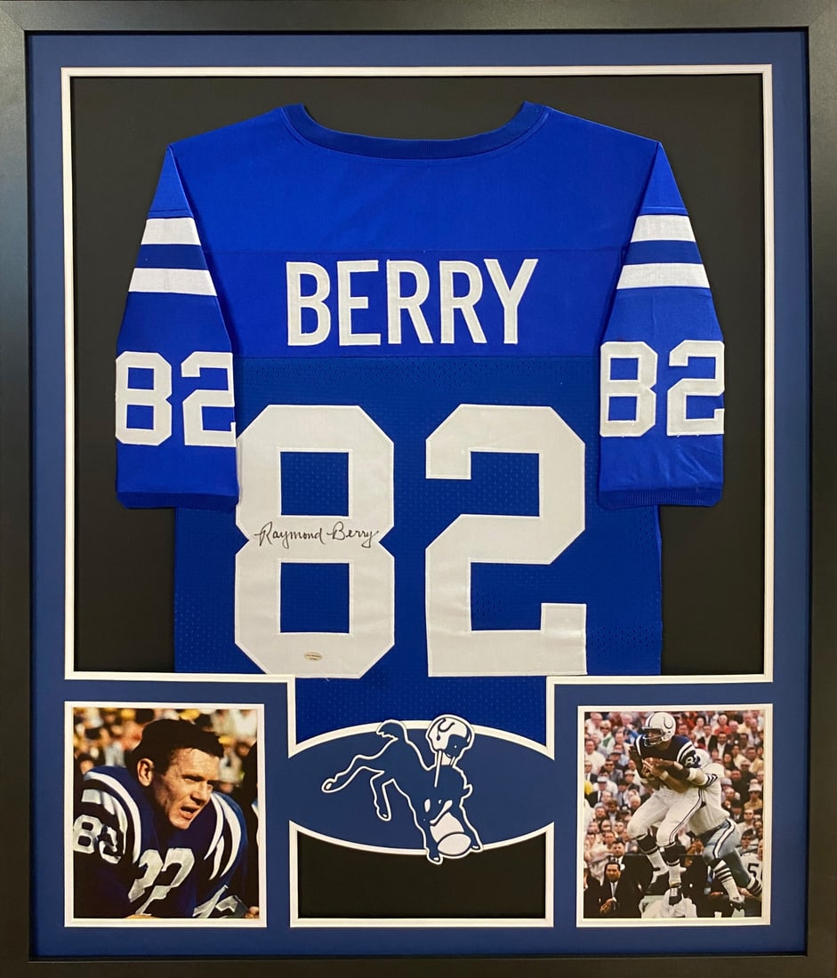 Raymond Berry Autographed Framed Jersey Leaf COA Baltimore Colts: Raymond Berry Autographed Framed Jersey Leaf COA Baltimore Colts This is a pre-owned, autographed jersey of Raymond Berry, framed with exceptional detail. The jersey is authenticated by Leaf, a reputa