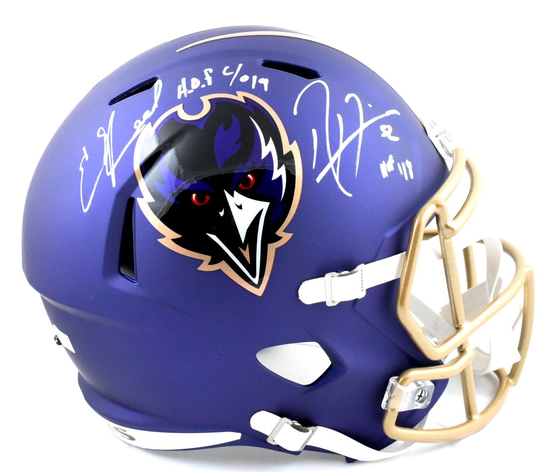 Baltimore Ravens full size helmet signed by Ray Lewis and Ed Reed Beckett: Baltimore Ravens full size helmet signed by Ray Lewis and Ed Reed Beckett This full-size alternate 24 Speed helmet features authentic autographs from Ray Lewis and Ed Reed, both renowned members of th