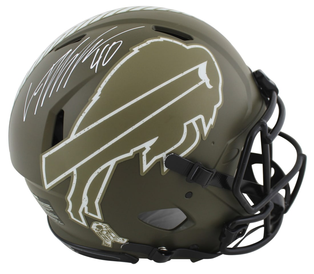 Von Miller Signed Buffalo Bills Salute To Service Full Size Helmet BAS Authenticated: Von Miller Signed Buffalo Bills Salute To Service Full Size Helmet BAS Authenticated This authentic full-size Speed Proline helmet features the signature of Von Miller, a standout player for the Buffa