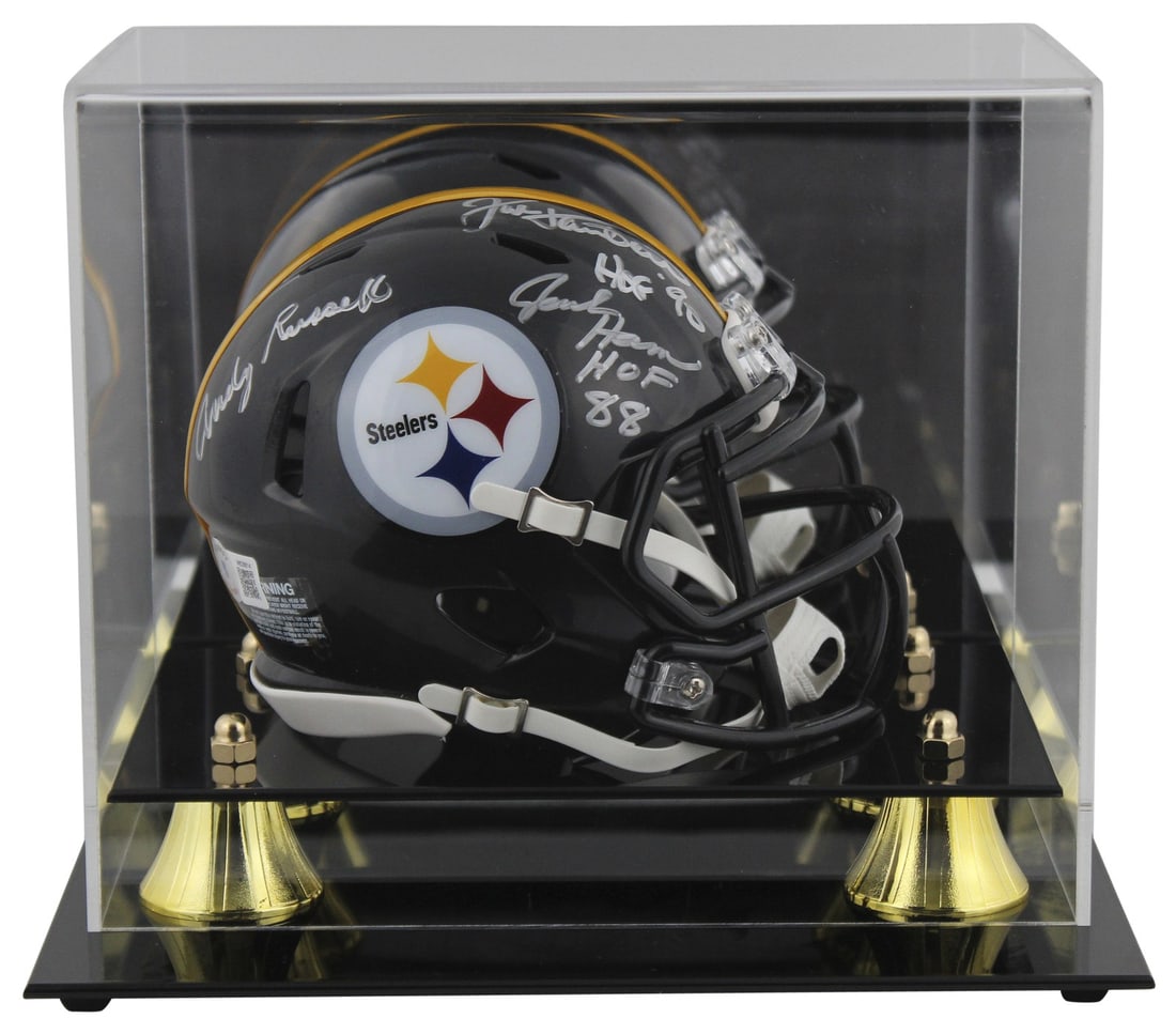 Pittsburgh Steelers Mini Helmet Signed by Lambert Ham Russell in Display Case Beckett Auth: Pittsburgh Steelers Mini Helmet Signed by Lambert Ham Russell in Display Case Beckett Auth This Pittsburgh Steelers Speed Mini Helmet has been personally autographed by Jack Lambert, Jack Ham, and And