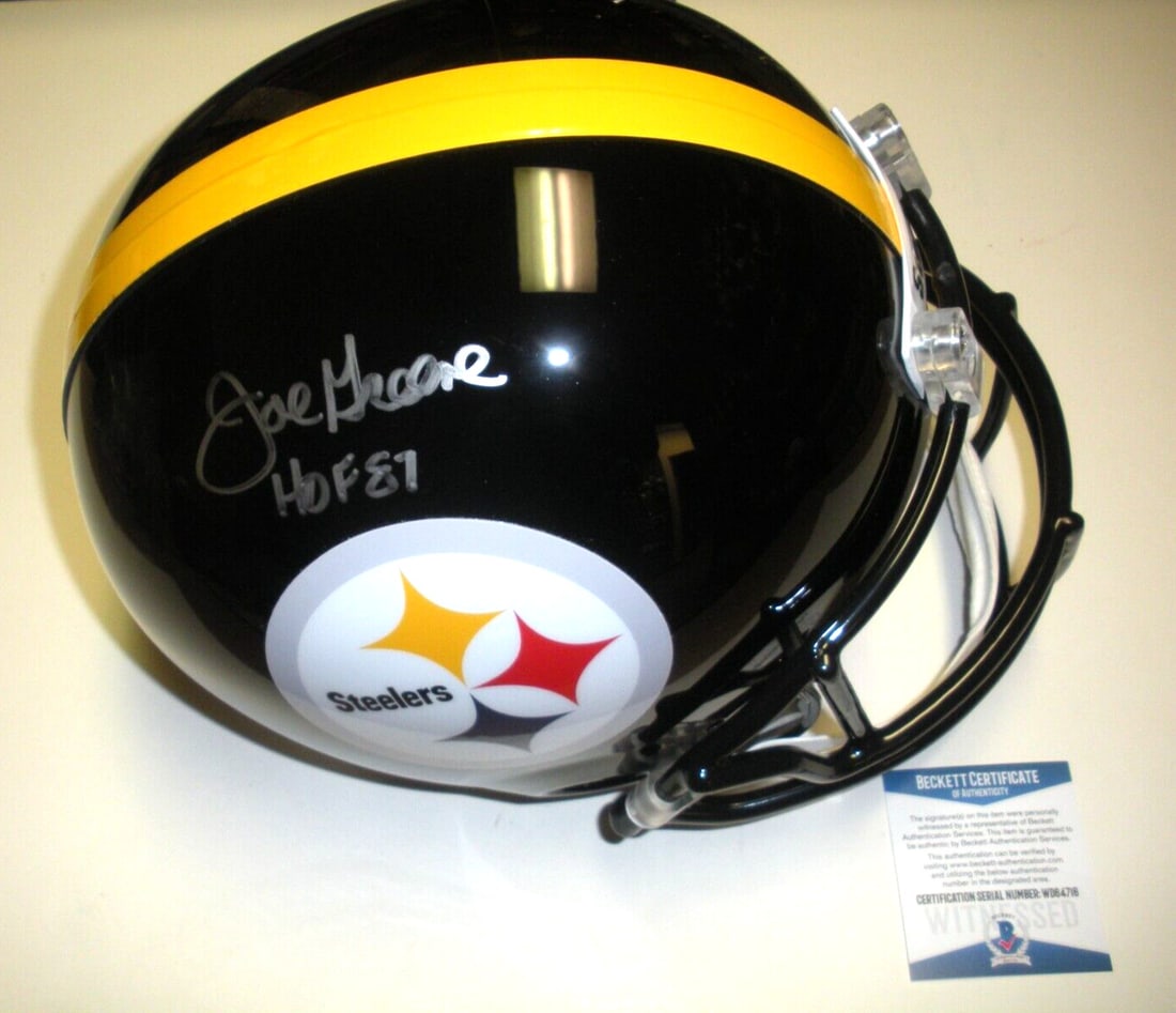 Full Size Pittsburgh Replica Helmet Signed by Joe Greene with Beckett COA: Full Size Pittsburgh Replica Helmet Signed by Joe Greene with Beckett COA This is a full-size replica Pittsburgh Steelers helmet signed by Joe Greene, a Hall of Fame inductee in 1987. The helmet comes
