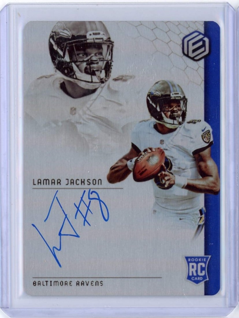 2018 Panini Elements Lamar Jackson #78 Rookie Auto /49 Graded Football Card: 2018 Panini Elements Lamar Jackson #78 Rookie Auto /49 Graded Football Card This is a 2018 Panini Elements Lamar Jackson #78 Rookie Autograph Football Card, numbered 49. This card features the signatu