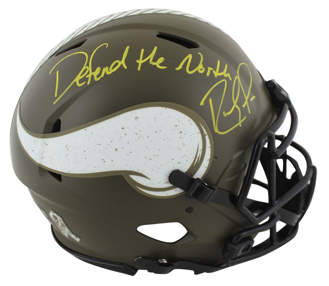 Randy Moss Autographed Vikings Full Size Salute To Service Helmet BAS Witnessed: Randy Moss Autographed Vikings Full Size Salute To Service Helmet BAS Witnessed This is an authentic Riddell full-size Speed Proline helmet in the Minnesota Vikings Salute To Service alternate design,