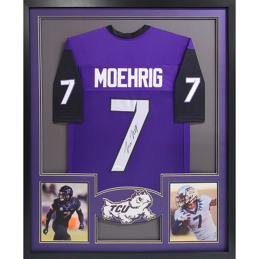 Trevon Moehrig Autographed Framed Jersey JSA Certified TCU Raiders: Trevon Moehrig Autographed Framed Jersey JSA Certified TCU Raiders This is a pre-owned autographed jersey of Trevon Moehrig, framed for display. The jersey is authenticated by JSA, a leading name in s