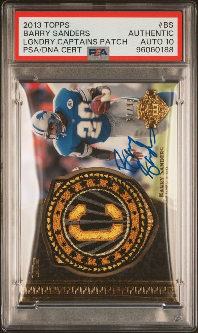 Barry Sanders 2013 Topps Legendary Captains Patch Signed Card PSA Authenticated: Barry Sanders 2013 Topps Legendary Captains Patch Signed Card PSA Authenticated This is a 2013 Topps Legendary Captains Patch #BS sports trading card featuring a signature from the legendary Barry San
