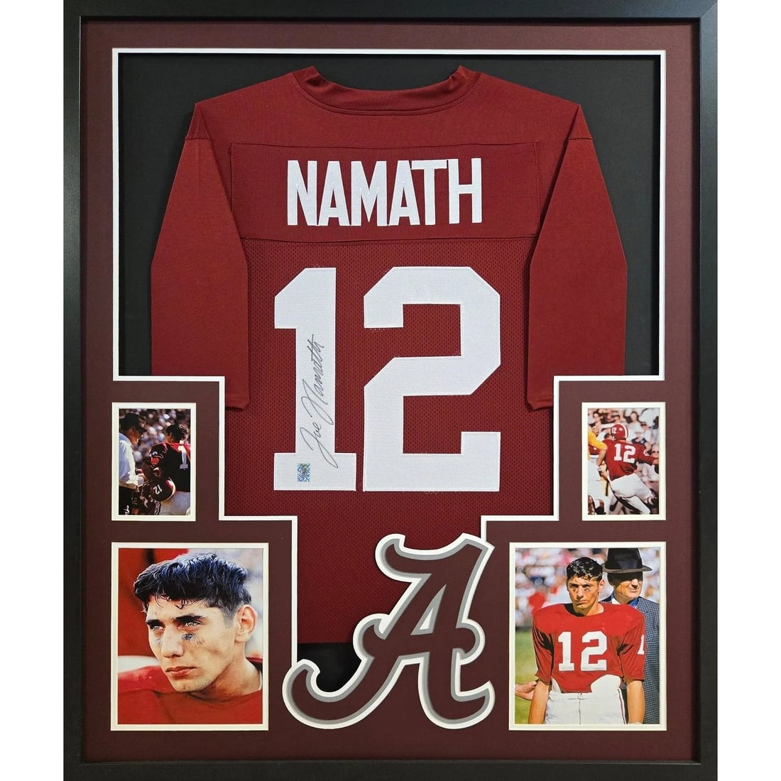 Framed Alabama Jersey Signed by Joe Namath COA: Framed Alabama Jersey Signed by Joe Namath COA This framed jersey features the autograph of Joe Namath and highlights his time at Alabama. The jersey is accompanied by a tamper-proof sticker to verify