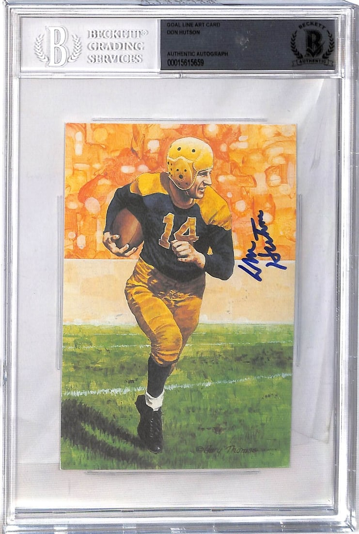 Don Hutson Autographed Goal Line Art Card BGS Authentic Green Bay Packers: Don Hutson Autographed Goal Line Art Card BGS Authentic Green Bay Packers This is an original Don Hutson autographed Goal Line Art GLAC card, featuring the legendary player from the Green Bay Packers.