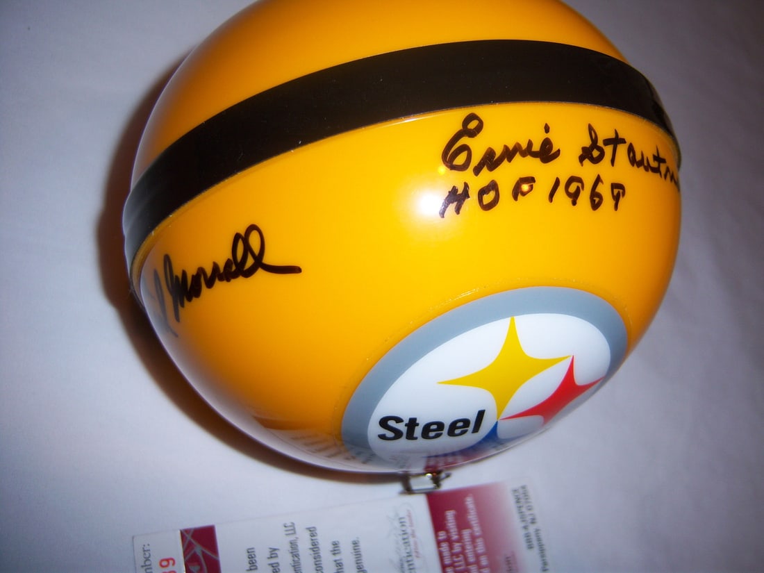 Pittsburgh Steelers mini helmet autographed by Ernie Stautner and Earl Morrall: Pittsburgh Steelers mini helmet autographed by Ernie Stautner and Earl Morrall This is a Pittsburgh Steelers mini helmet signed by Ernie Stautner and Earl Morrall. The helmet is an original item and i