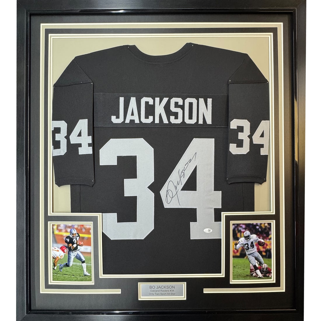 Framed Bo Jackson Autographed Oakland Raiders Jersey with JSA COA: Framed Bo Jackson Autographed Oakland Raiders Jersey with JSA COA This professionally framed and matted item features an autographed Bo Jackson Oakland Raiders black football jersey, measuring 35x39 i