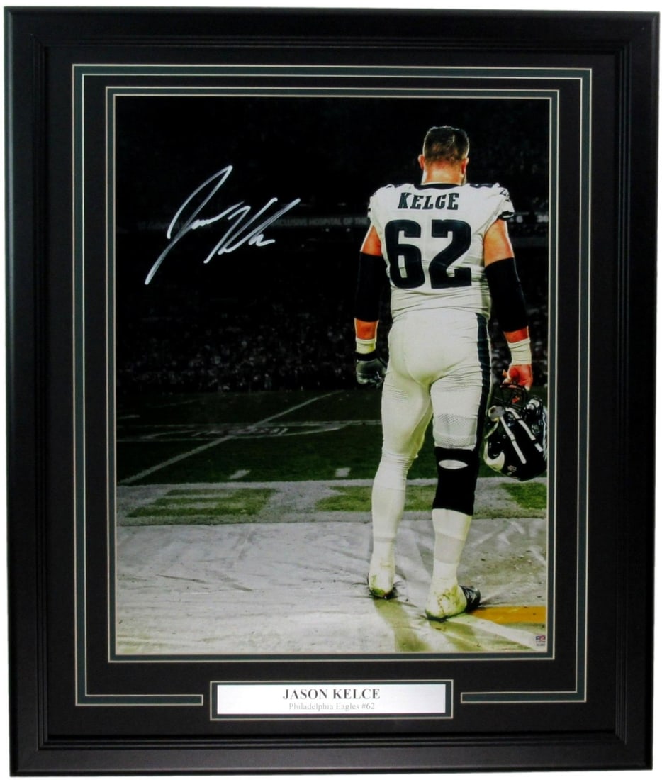 Jason Kelce Autographed 16x20 Framed Photo Eagles PSA/DNA: Jason Kelce Autographed 16x20 Framed Photo Eagles PSA/DNA This impressive Jason Kelce Signed/Autographed 16x20 Photo captures a moment from the Philadelphia Eagles' football legacy. The photo is profe