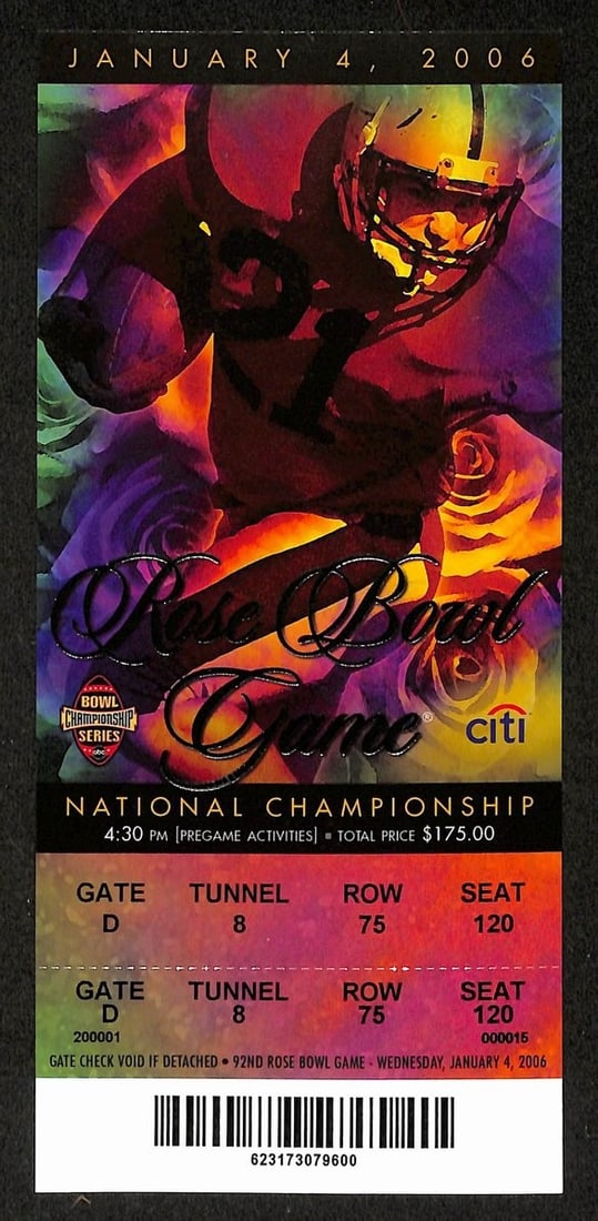 Rose Bowl 2006 Full Game Ticket Texas vs USC National Championship Vince Young: Rose Bowl 2006 Full Game Ticket Texas vs USC National Championship Vince Young This is a full ticket from the 2005-2006 Rose Bowl featuring USC vs Texas, commemorating the National Championship game w