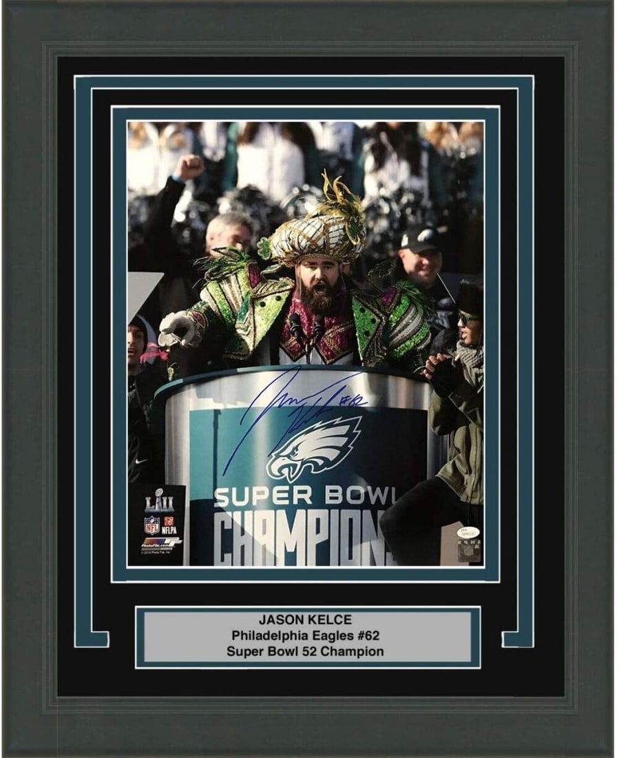 Framed Signed Jason Kelce Eagles Parade Speech Photo 16x20 JSA Authenticated: Framed Signed Jason Kelce Eagles Parade Speech Photo 16x20 JSA Authenticated Celebrate the Philadelphia Eagles with this professionally framed and matted 16x20 photo capturing Jason Kelce's iconic par