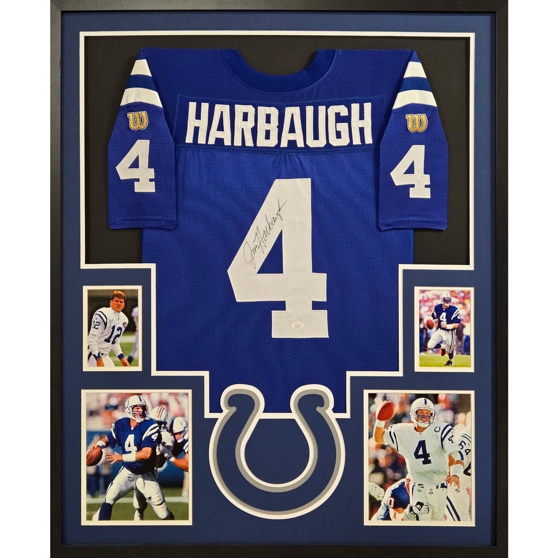 Jim Harbaugh Signed Framed Colts Jersey JSA Authenticated 42x34: Jim Harbaugh Signed Framed Colts Jersey JSA Authenticated 42x34 Celebrate the legacy of Jim Harbaugh with this autographed framed jersey, issued by the Colts. This piece is authenticated by JSA, a lea