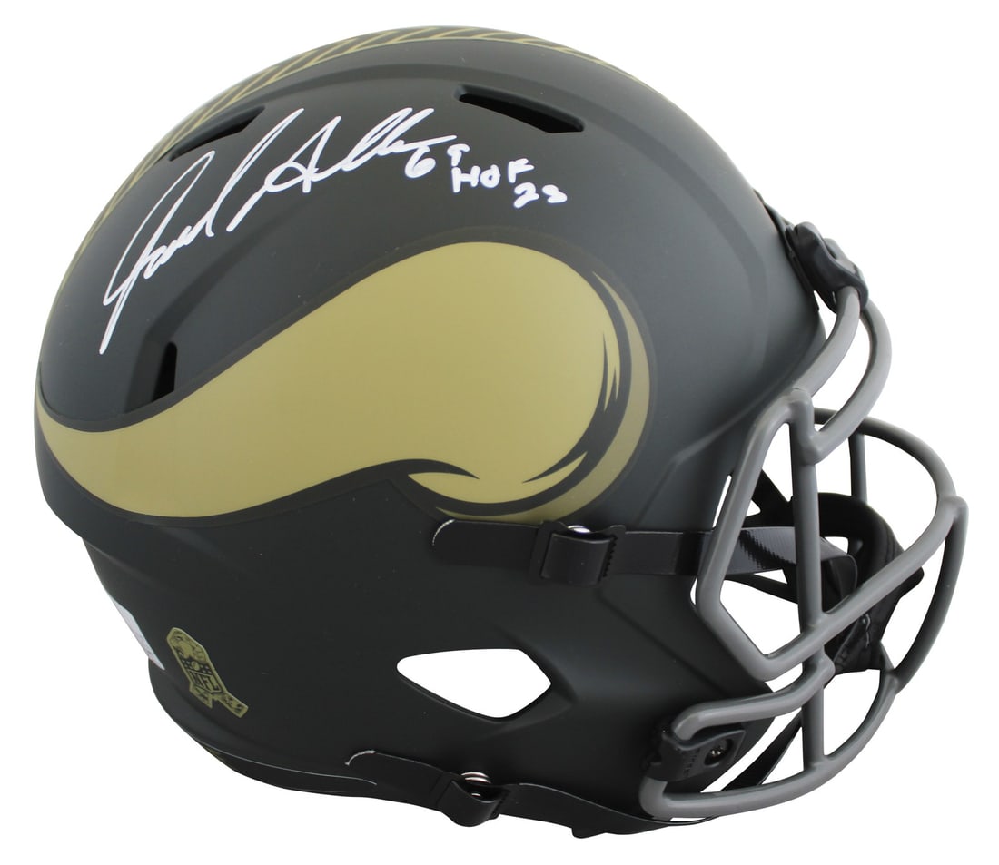 Jared Allen Signed Vikings Salute To Service IV Speed Replica Helmet BAS Witnessed: Jared Allen Signed Vikings Salute To Service IV Speed Replica Helmet BAS Witnessed This Minnesota Vikings alternate 2025 Salute To Service IV Riddell full size Speed Replica helmet has been personally