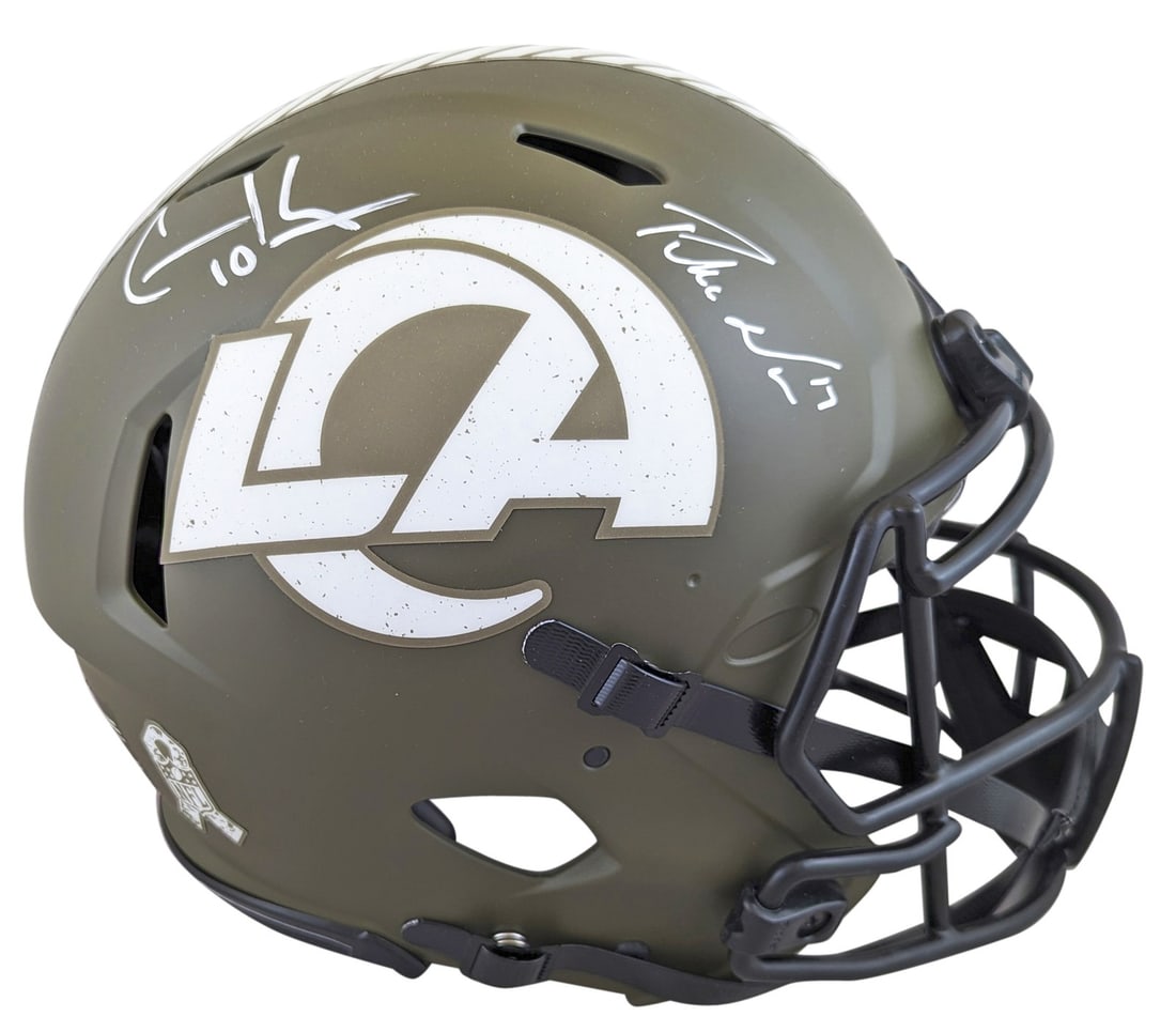 Authentic Rams Salute To Service Helmet Signed by Cooper Kupp and Puka Nacua: Authentic Rams Salute To Service Helmet Signed by Cooper Kupp and Puka Nacua This Riddell Authentic Full Size Speed Proline Helmet features an alternate Salute To Service design and has been personall